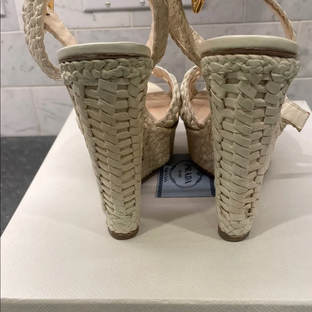 Prada Cream Woven Platform Wedge Sandals